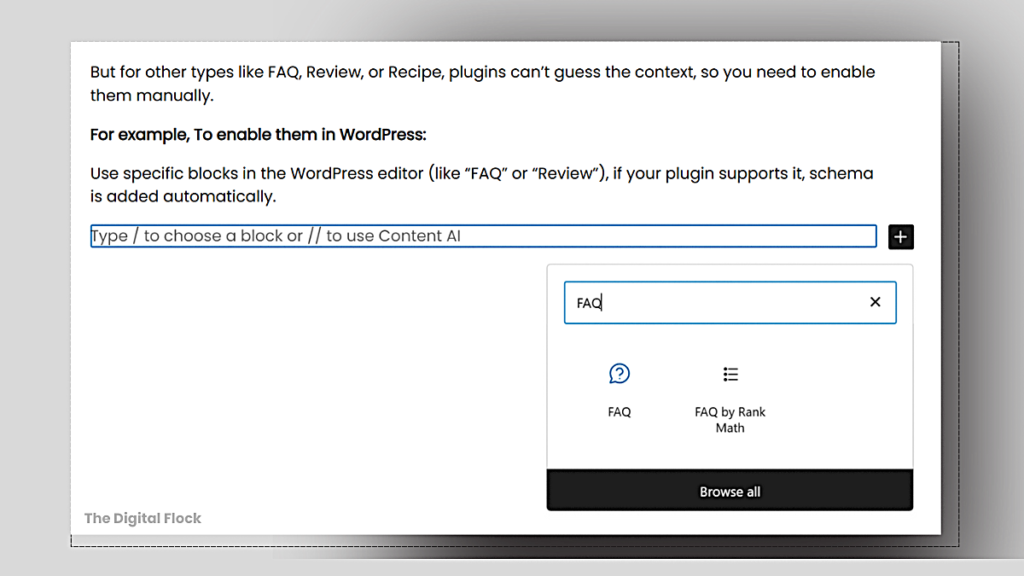 Searching ‘FAQ’ to add FAQ schema block in the WordPress Block Editor