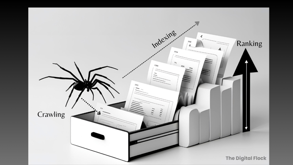 Technical SEO concept showing spider crawling web pages, indexing pages, and ranking growth with a bar graph.