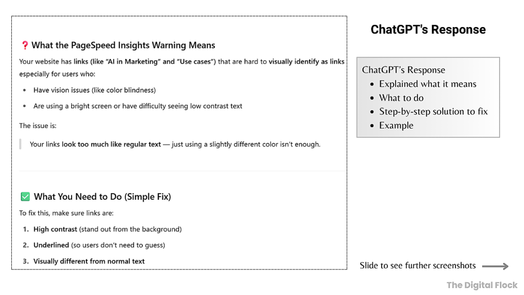 ChatGPT explaining what the PageSpeed insights error means and how to fix it in easy words, step-by-step