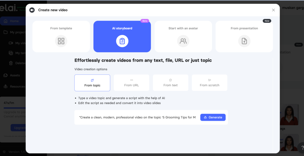 screenshot showing how I used elai's AI storyboard feature