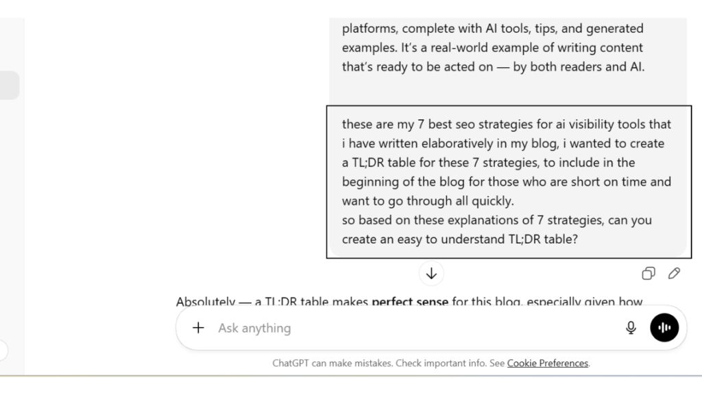 Chatgpt chat screenshot, asking it to create a table.